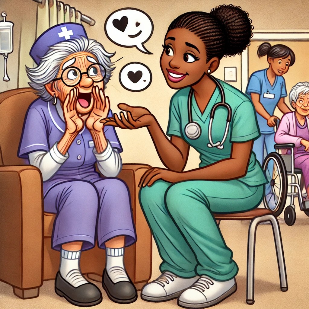 A CNA Listening to a Gossiping Elderly Patient

This funny yet heartwarming illustration captures the special bond between CNAs and their residents. A young Black CNA in scrubs is sitting beside an elderly patient’s bed, holding their hand, and listening intently as the patient whispers some juicy gossip. The elderly patient has a mischievous smile, clearly spilling the latest tea, while the CNA looks both amused and entertained, trying not to laugh.

In the background, another CNA is pushing a wheelchair, and a nurse is checking charts, showing the everyday flow of a nursing home. This scene perfectly captures how CNAs don’t just provide care—they provide companionship, emotional support, and a good listening ear for all the drama. 