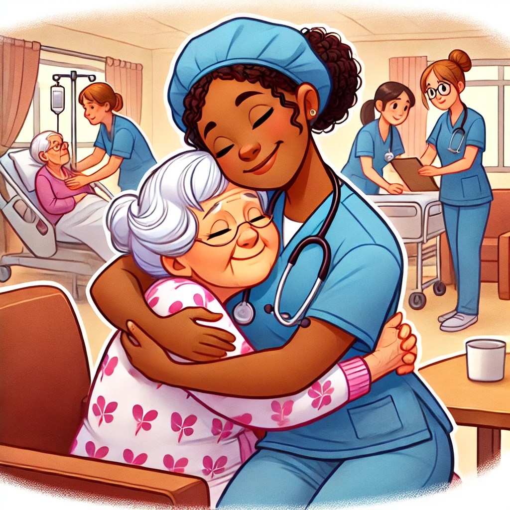 A heartwarming cartoon-style illustration of a CNA hugging an elderly patient who looks comforted and happy. In the background, other CNAs are seen multitasking, emphasizing that care and compassion are what keep CNAs going, even when the job is tough.
