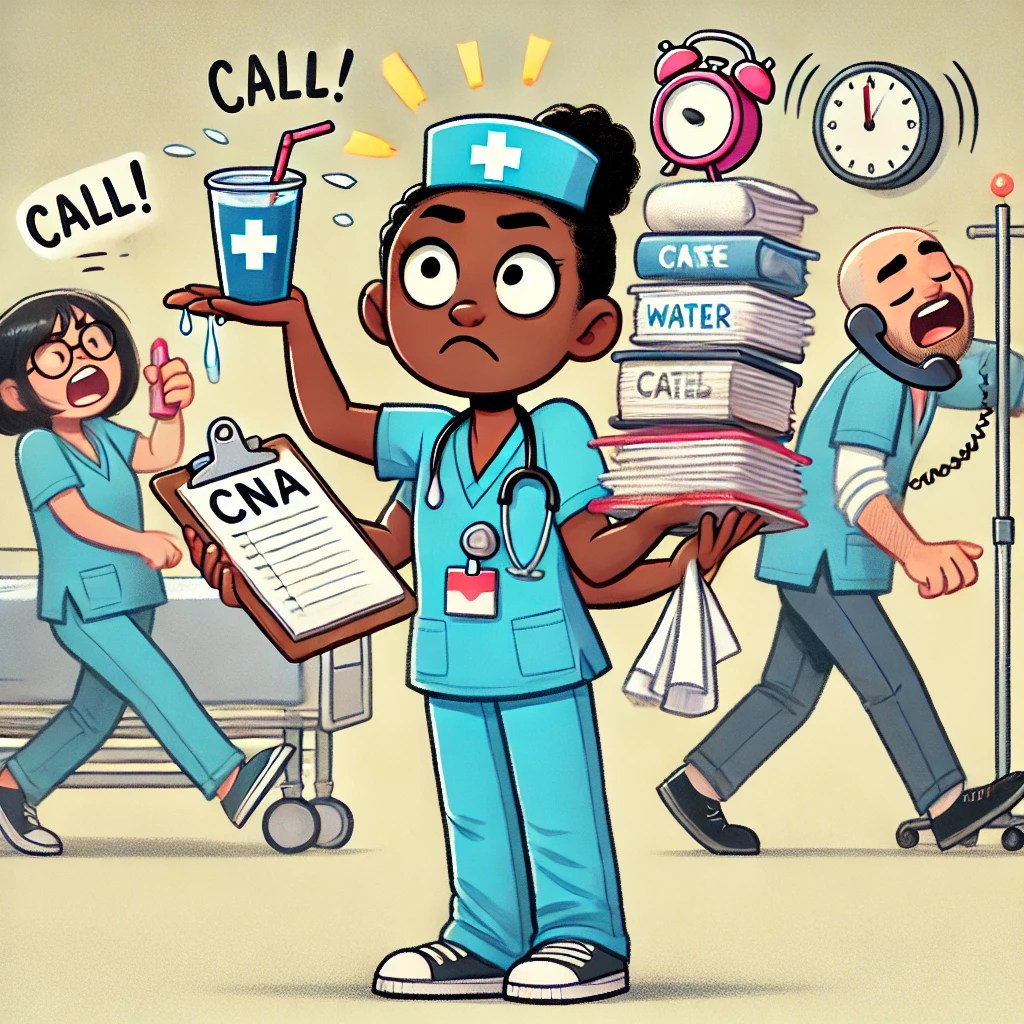 A cartoon-style illustration of a CNA with an exasperated expression, juggling multiple tasks while call lights are flashing. In the background, a nurse and an admin casually walk by without offering to help. The scene captures the frustration of being overwhelmed without support.