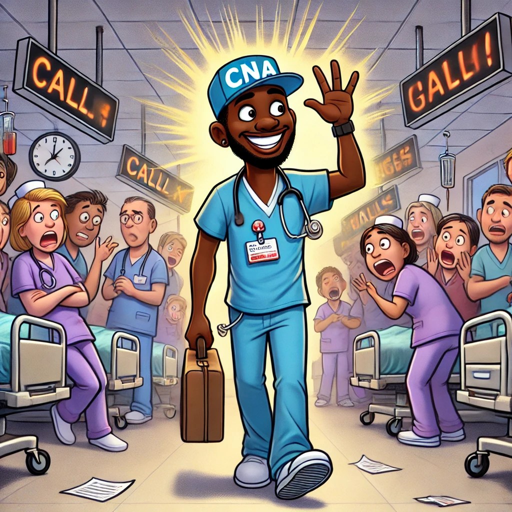  A hospital completely falling apart, with call lights going off, patients confused, and a nurse looking clueless because no CNAs showed up. In the foreground, a CNA is walking out the door, waving goodbye with a smirk. The tone is humorous but makes a point—without CNAs, healthcare doesn’t function.