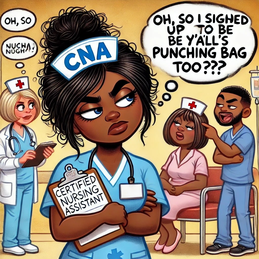 A CNA with an annoyed expression, rolling her eyes while holding a clipboard. In the background, a nurse and a family member are talking down to her, while she has a thought bubble that says, “Oh, so I signed up to be y’all’s punching bag too??” The tone is humorous but relatable.