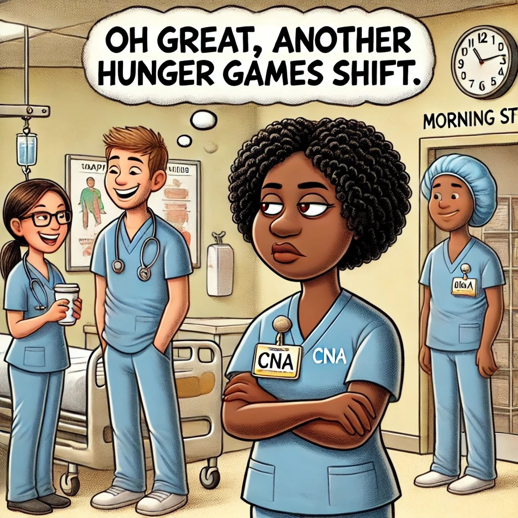 A Black CNA standing in a huddle with other CNAs, looking exhausted before the shift even starts. In the background, a nurse and administrator are smiling like it’s no big deal. The CNA has a thought bubble that says, “Oh great, another Hunger Games shift.” The tone is funny but realistic.