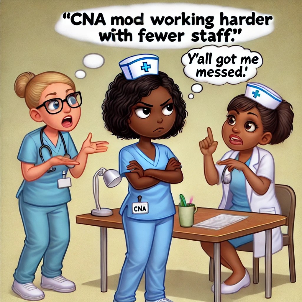 A Black CNA standing with her arms crossed, looking fed up. A nurse and an administrator are giving her a fake “motivational” speech about working harder with fewer staff. The CNA’s thought bubble says, “Y’all got me messed up.” The scene is funny but shows how ridiculous these speeches sound when you’re drowning in work.