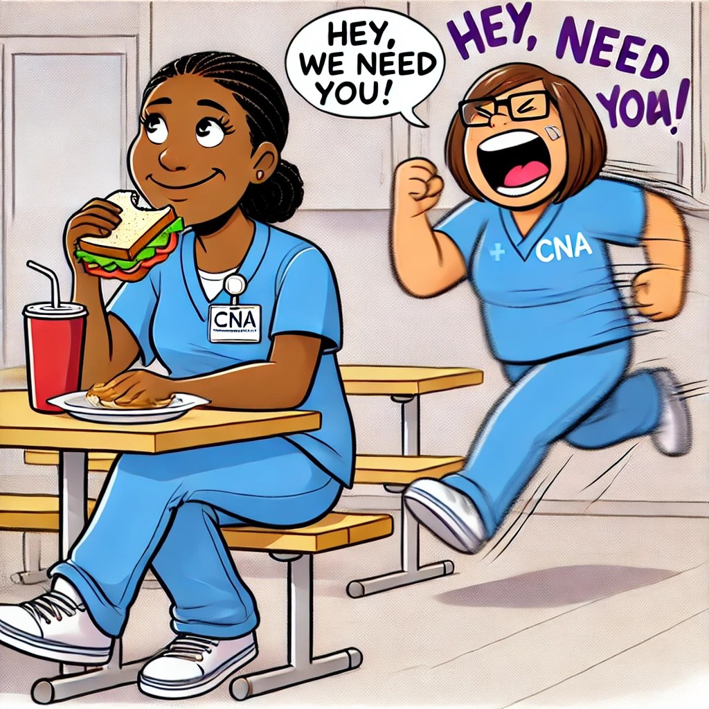  A Black CNA sitting in the breakroom, looking happy for a split second before a coworker runs in yelling, “Hey, we need you!” The CNA is mid-bite into a sandwich, looking like she’s about to cry. The scene is funny but painfully relatable for CNAs who never get real breaks.