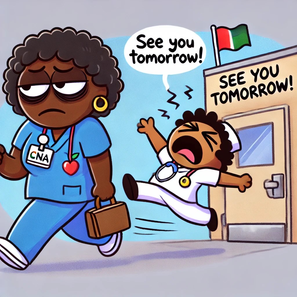  A Black CNA dragging herself out of the facility, looking like she barely survived. In the background, a coworker is yelling, “See you tomorrow!” while the CNA gives a side-eye. The scene is funny but true to life, capturing how CNAs leave shifts feeling completely drained.