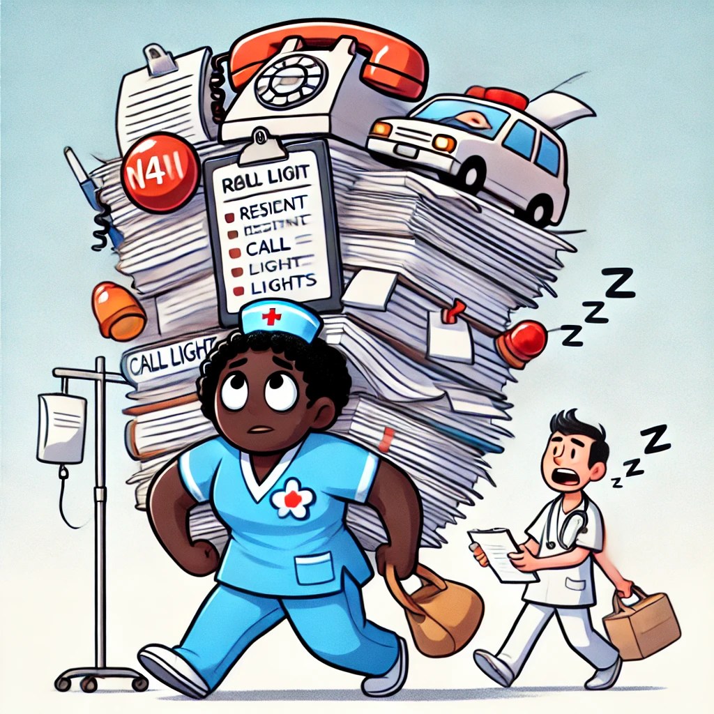 A relatable cartoon showing a CNA holding up residents, call lights, paperwork, and a sleeping nurse on their back.