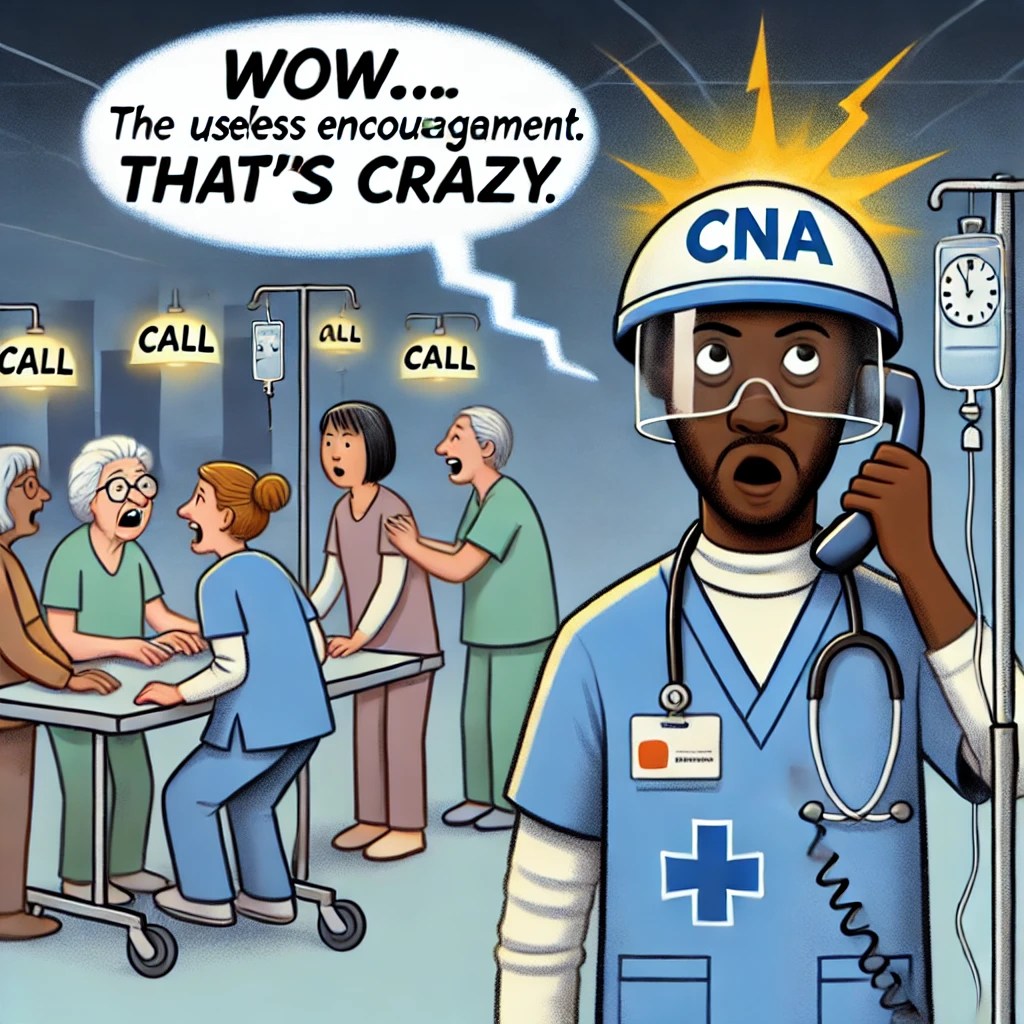 A Black CNA struggling to handle multiple residents while a nurse stands in the background watching, saying, “Wow… that’s crazy.” The CNA looks overworked and frustrated, with call lights flashing and patients demanding help. The scene is exaggerated but true to life, showing the useless encouragement CNAs often receive.