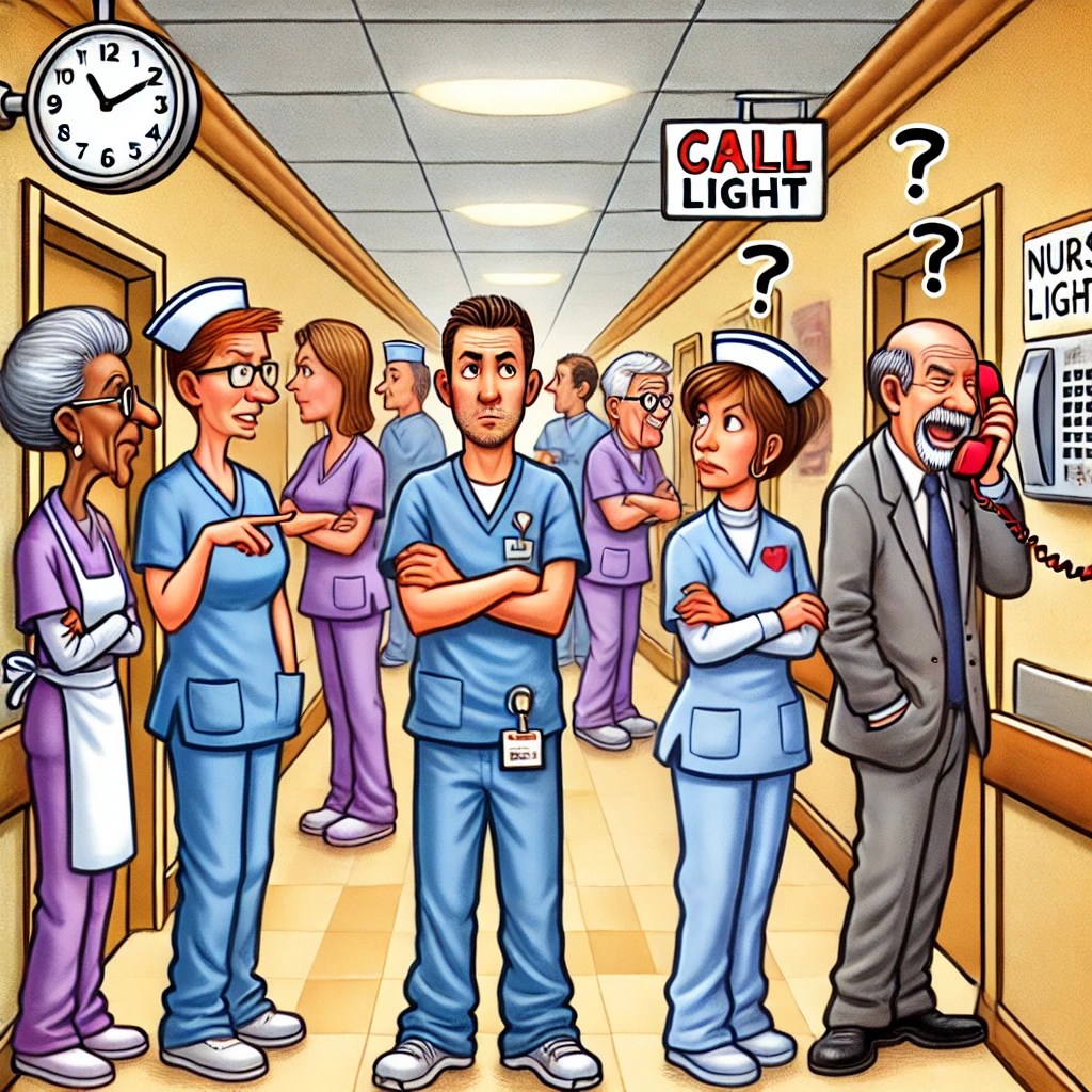  A nursing home hallway split into groups of workers—CNAs gossiping, nurses ignoring call lights, and admin pretending to care. In the center, a new employee looks confused, unsure which group to join.
