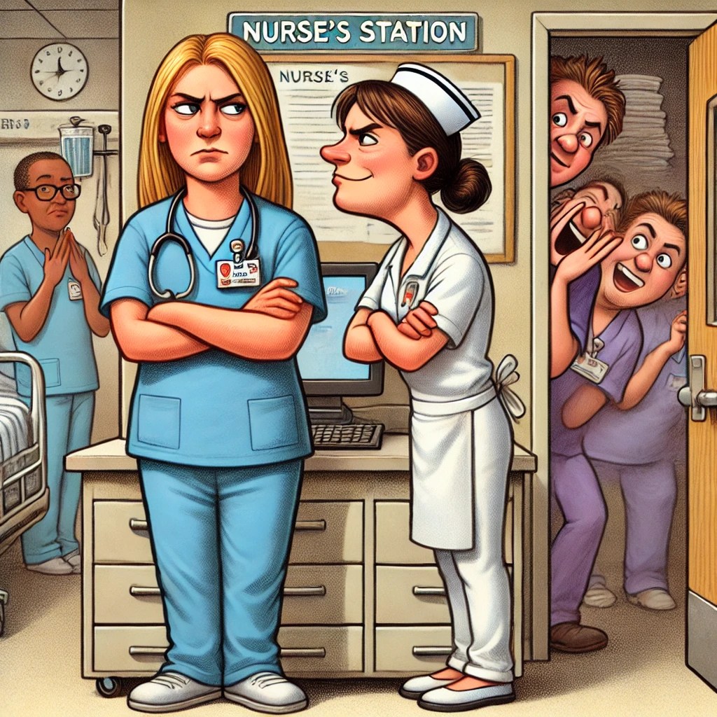 A CNA and a nurse giving each other the side-eye across the nurse’s station. In the background, another coworker is hyping up the drama, whispering and stirring the pot.