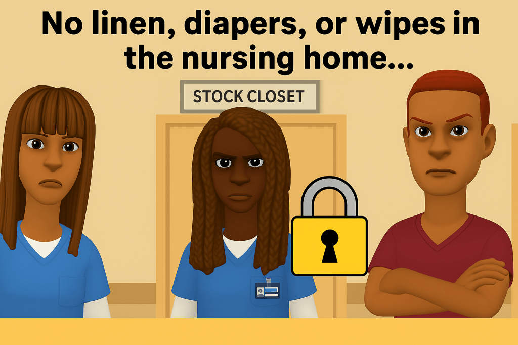 A frustrated group of nursing home staff stand outside a locked stock closet with arms crossed and annoyed expressions. The bold caption reads, “Fully Staffed… But No Supplies??” highlighting the irony of having enough workers but no access to basic essentials like linen, diapers, or wipes. A large padlock icon reinforces the idea that critical supplies are being withheld, leaving the staff stuck in an impossible situation. This cartoon-style illustration captures the daily struggles, humor, and chaos often faced in healthcare environments.