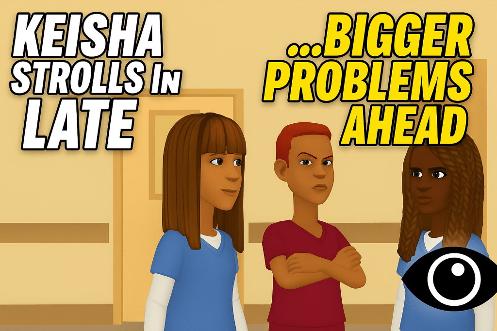 A stylish, carefree CNA named Keisha struts confidently into the nursing home, clearly late for her shift. She’s rocking her braids, holding her bag, and moving like she’s unbothered by the time. In the background, another staff member (Coco) watches with a raised eyebrow, signaling that the higher-ups are already noticing her tardiness. The cartoon-style illustration captures the humor and relatability of real-life nursing home dynamics, where someone is always strolling in late but acting like they’re right on time.